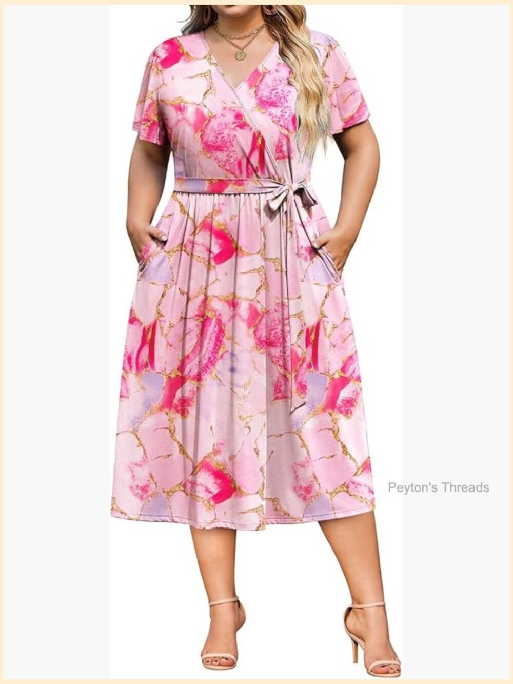 Plus Size Short Sleeve Wrap V Neck Midi Dress with Pockets